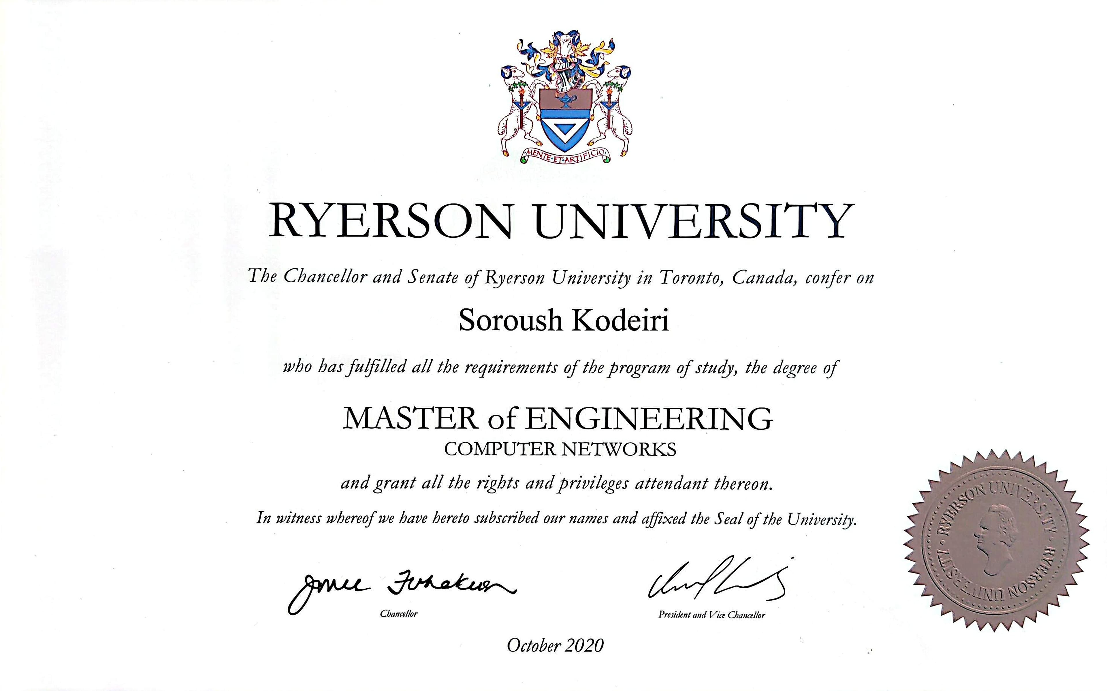 Master of Engineering, Ryerson University