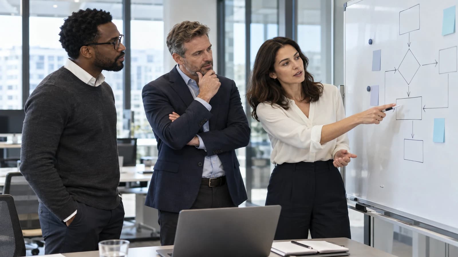 A working session, three colleagues reviewing a process diagram at a whiteboard.