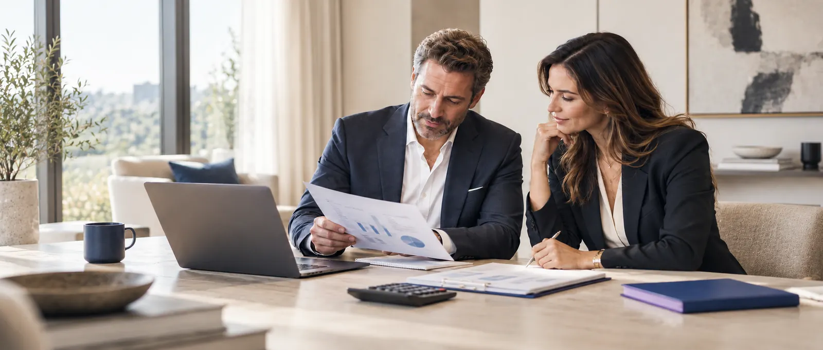 Illustrative scene of two advisers reviewing a financial report beside a laptop and a calculator.