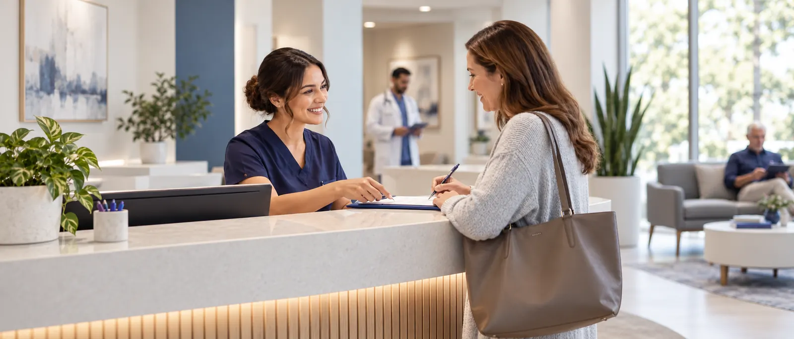 Illustrative scene of a clinic receptionist helping a patient complete a form at the front desk.