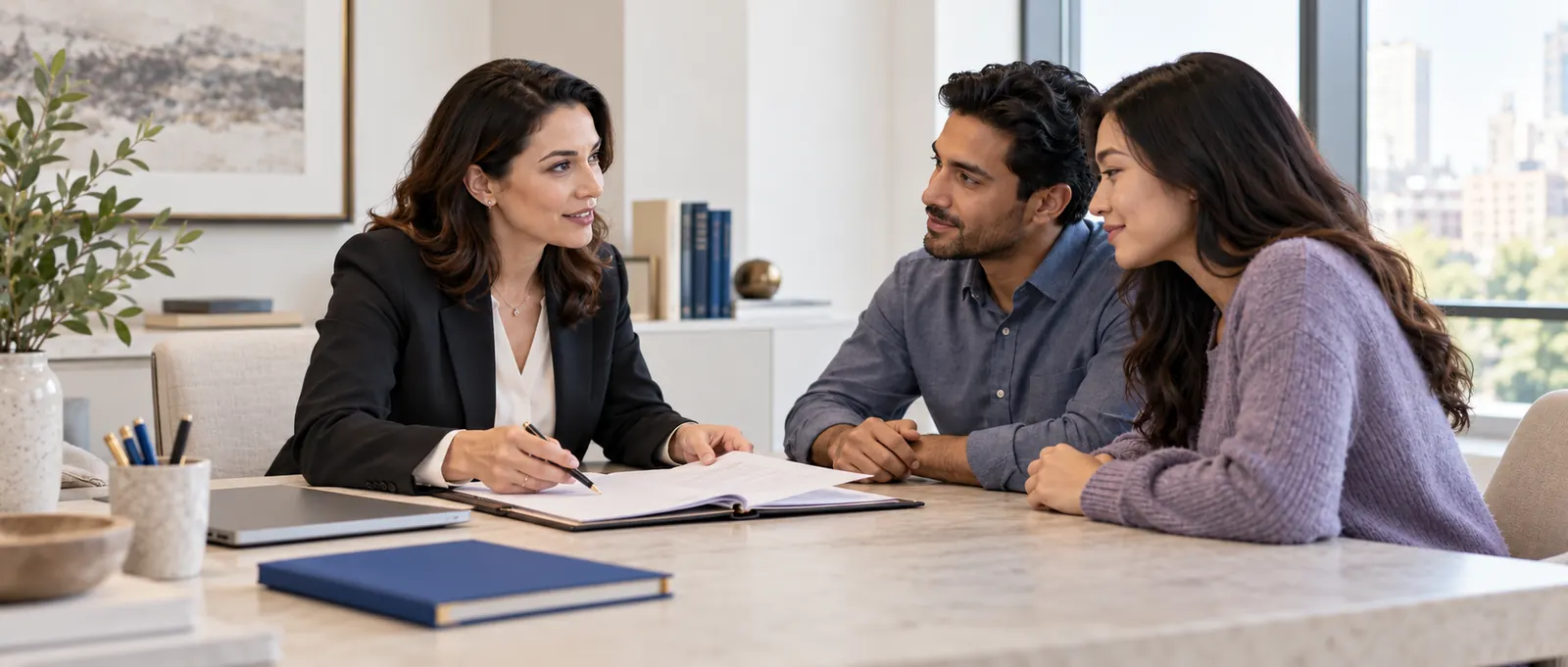 Illustrative scene of an adviser walking a couple through documents at a meeting table.