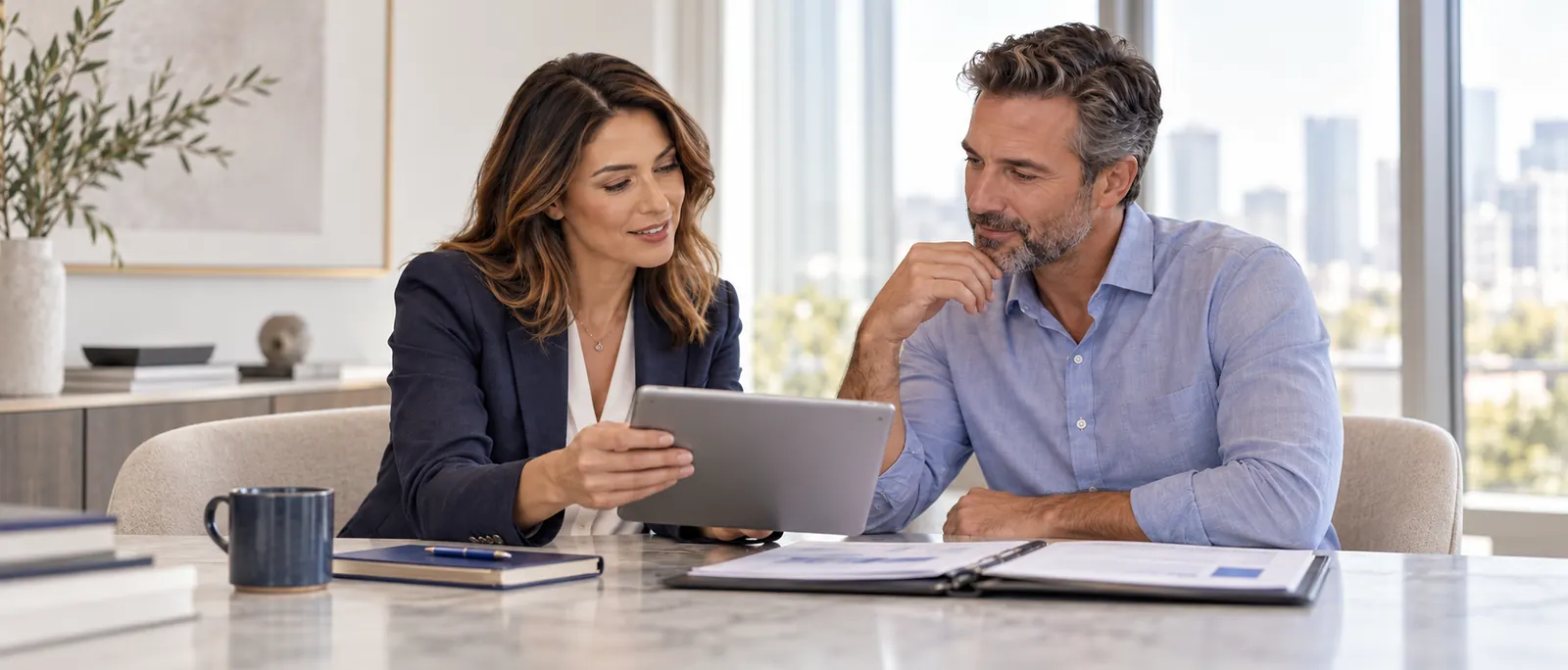 Illustrative scene of an adviser showing a client details on a tablet.