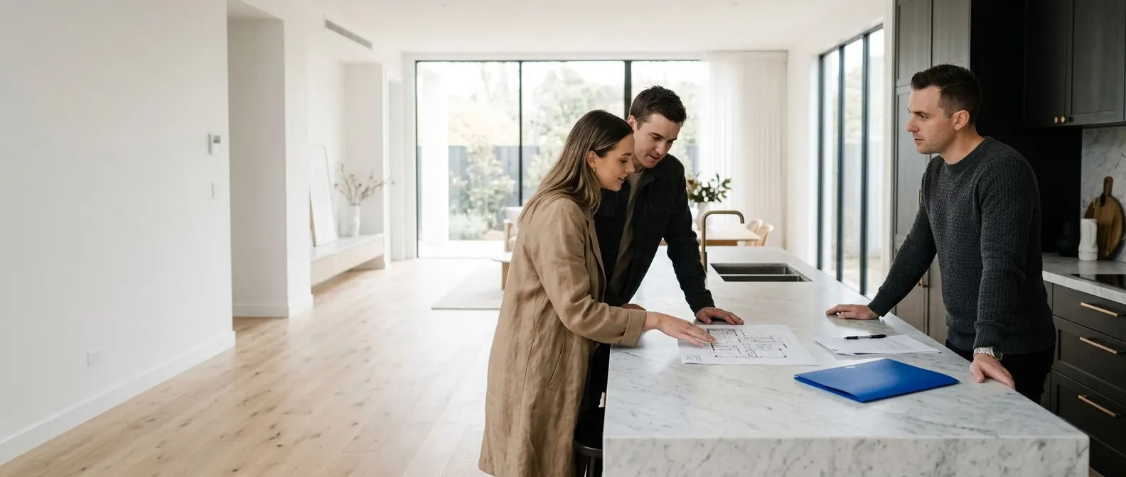 Illustrative scene of an agent walking a couple through a floor plan at the kitchen island of an empty show home.