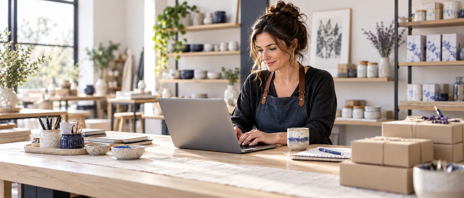 Illustrative scene of a ceramics shop owner working on a laptop among shelves of stock and packed orders.