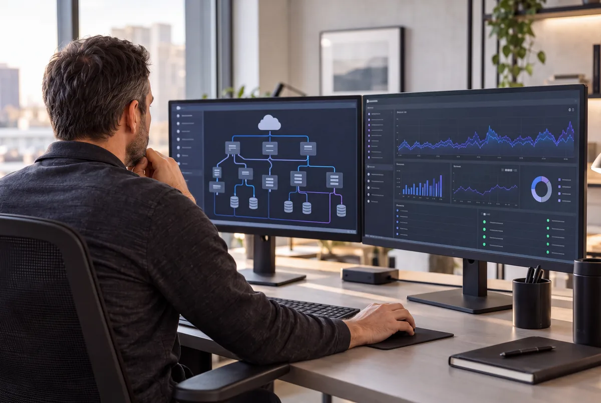 Illustrative view of an engineer at a desk reviewing an architecture diagram and a monitoring dashboard.