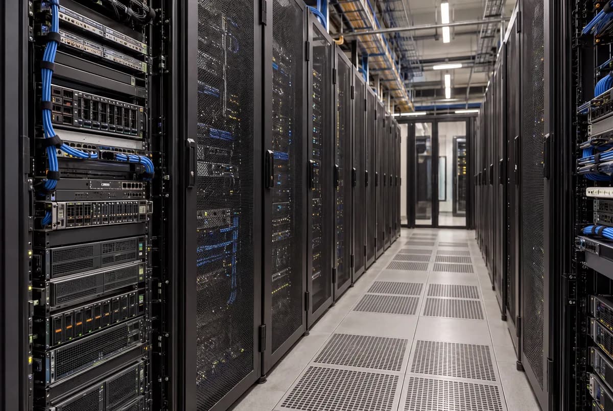 Illustrative view down a data centre aisle, with cabled server racks on both sides.