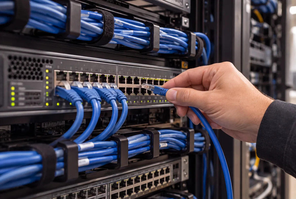 Illustrative close-up of a patch cable being connected to a network switch.